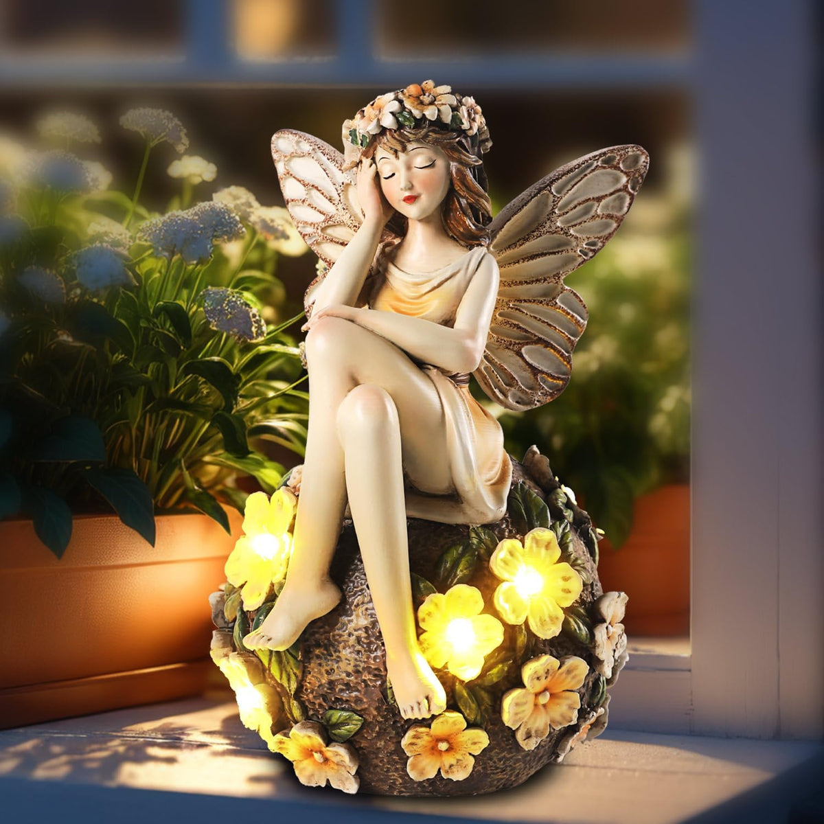 Solar Fairy Statue Sitting on The Flower Ball Light 6.8" Angel Statues for Garden Yard Patio Porch