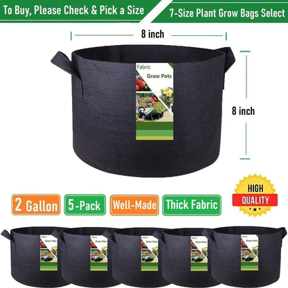 5-Pack 2 Gallon Plant Grow Bags (8x8 inch) Thickened Gardening Bags Fabric Plant Pots for Flower