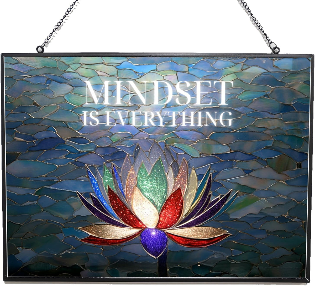 Customized Rectangle Lotus Motivational Wall Art Stained Glass Suncatcher Window Hanging, Gothic