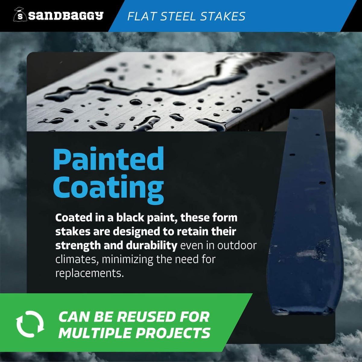 Sandbaggy Flat Steel Stakes for Concrete Forms with Nail Holes - 1.5" Wide - Painted - Removable