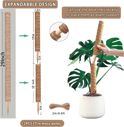 Moss Pole, 2 Pack 17 Inch Monstera Plant Support for Climbing Plants Accessories Indoor, Stackable