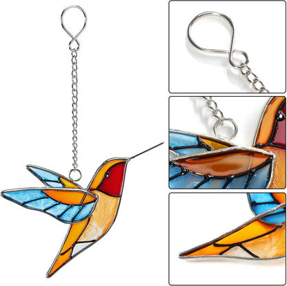 Handmade Stained Glass Hummingbird Hanging Ornament - Colorful 4.3x4.9 Inch Window/Garden Decor for