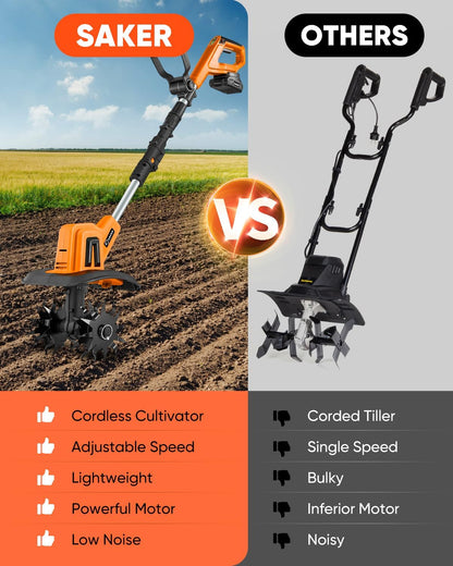 Saker 22V Cordless Electric Garden Tiller Cultivator, Rototiller for Gardening with 3 Adjustable