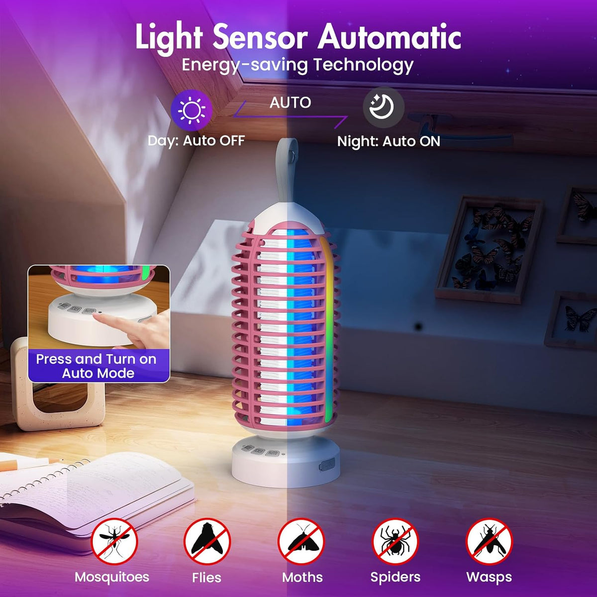 Bug Zapper Outdoor with Colorful Lighting and Auto-Sensing, 3 in 1 Cordless 4000mAh Battery