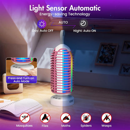 Bug Zapper Outdoor with Colorful Lighting and Auto-Sensing, 3 in 1 Cordless 4000mAh Battery