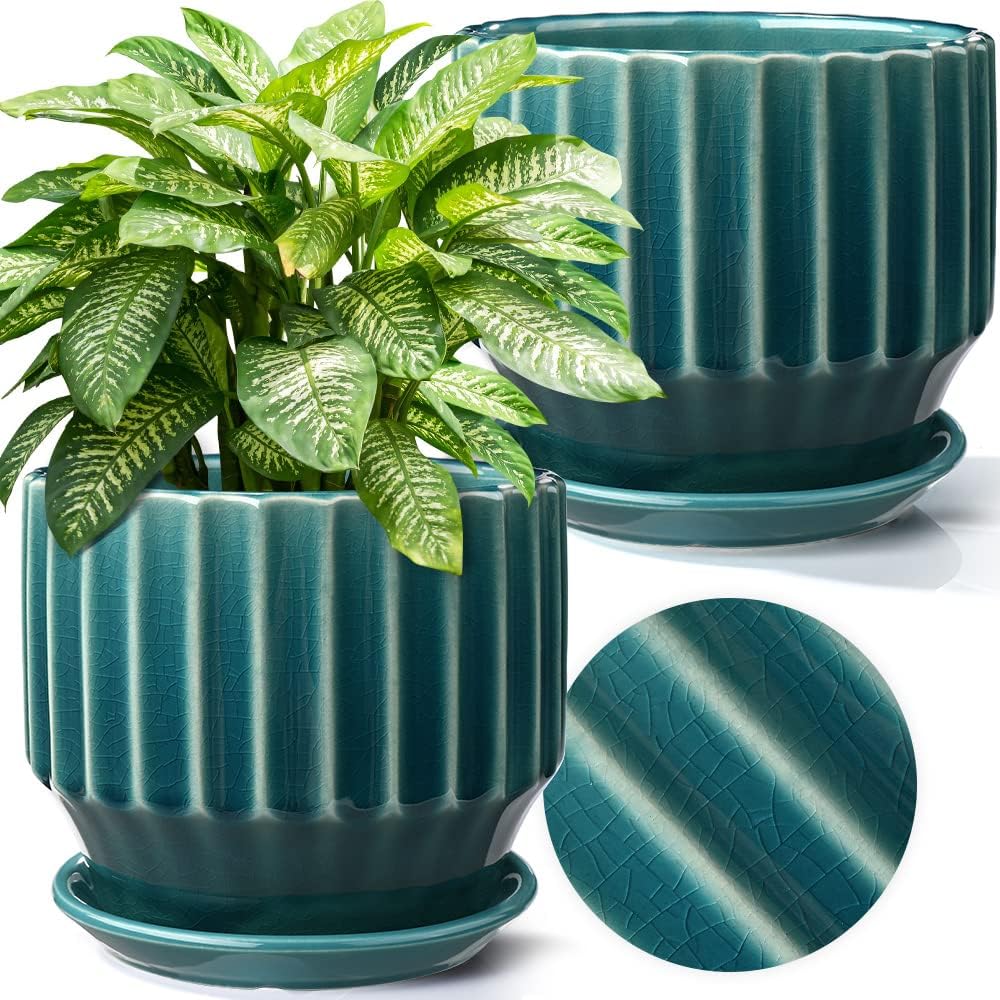 AISBUGUR Plant Pots 6 inch Ceramic Pots for Indoor Plants Set of 2 Flower Pots Unique Crackle Glaze