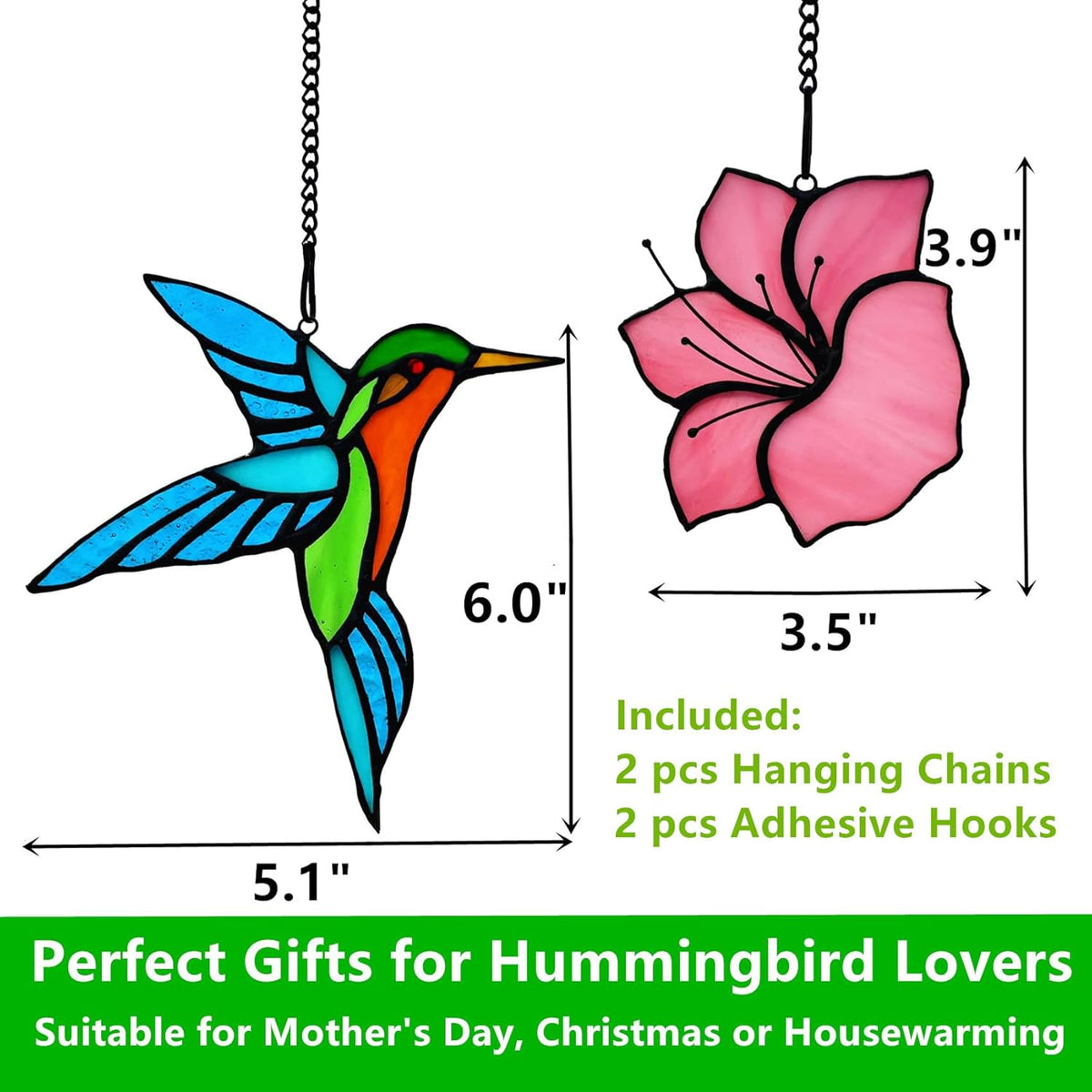 2 Pack Stained Glass Hummingbird with Flower Suncatcher for Window Hanging Ornament, Sun Catchers