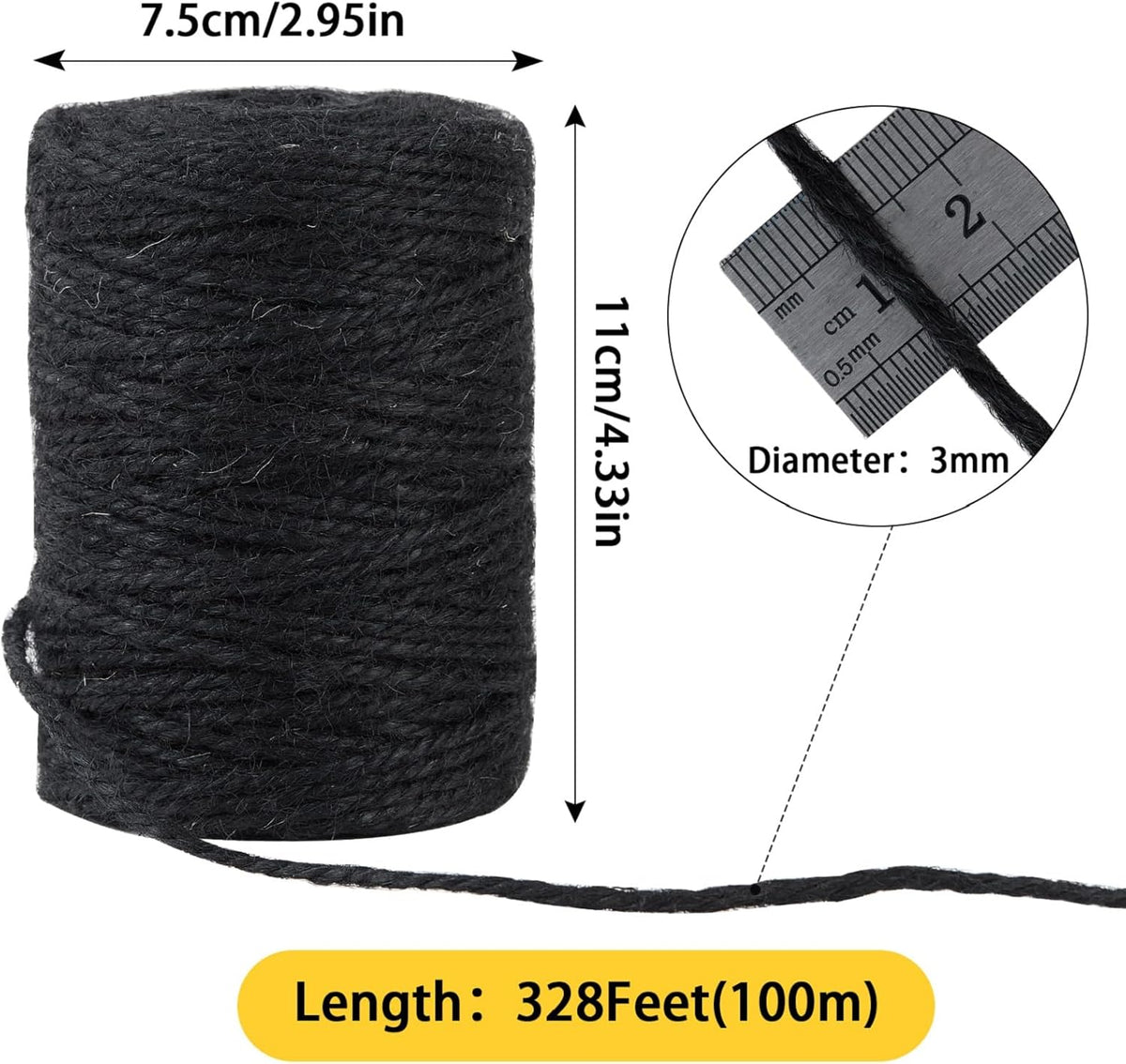 3mm 328 Feet Black Natural Jute Twine, for Crafts Gift, Craft Projects, Wrapping, Bundling