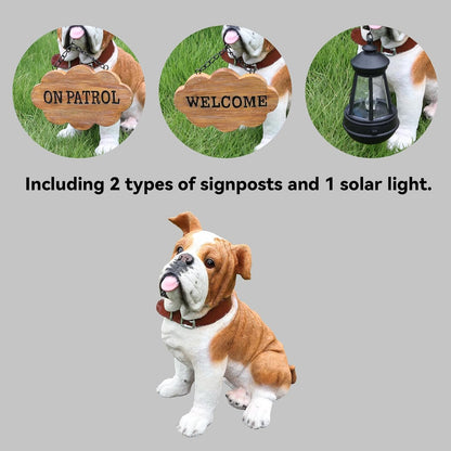 English Bulldog Outdoor Dog Statue with Flip-Over “Welcome/ON Patrol” Plaque and Solar Path