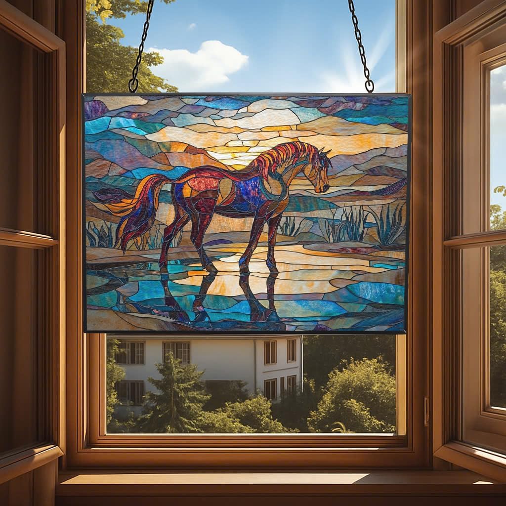 Rectangle Art Nouveau Wild Horse Oasis Stained Glass Window Hanging Customized Suncatcher Glass