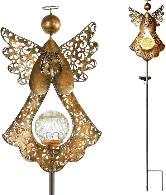Starryfill Angel Stake Solar Lights with Crackle Glass Globe Waterproof Warm White LED, 40.5 inches