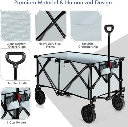 Goplus Collapsible Wagon, Folding Utility Wagon Cart w/Universal Wheels & Adjustable Handle & Cover