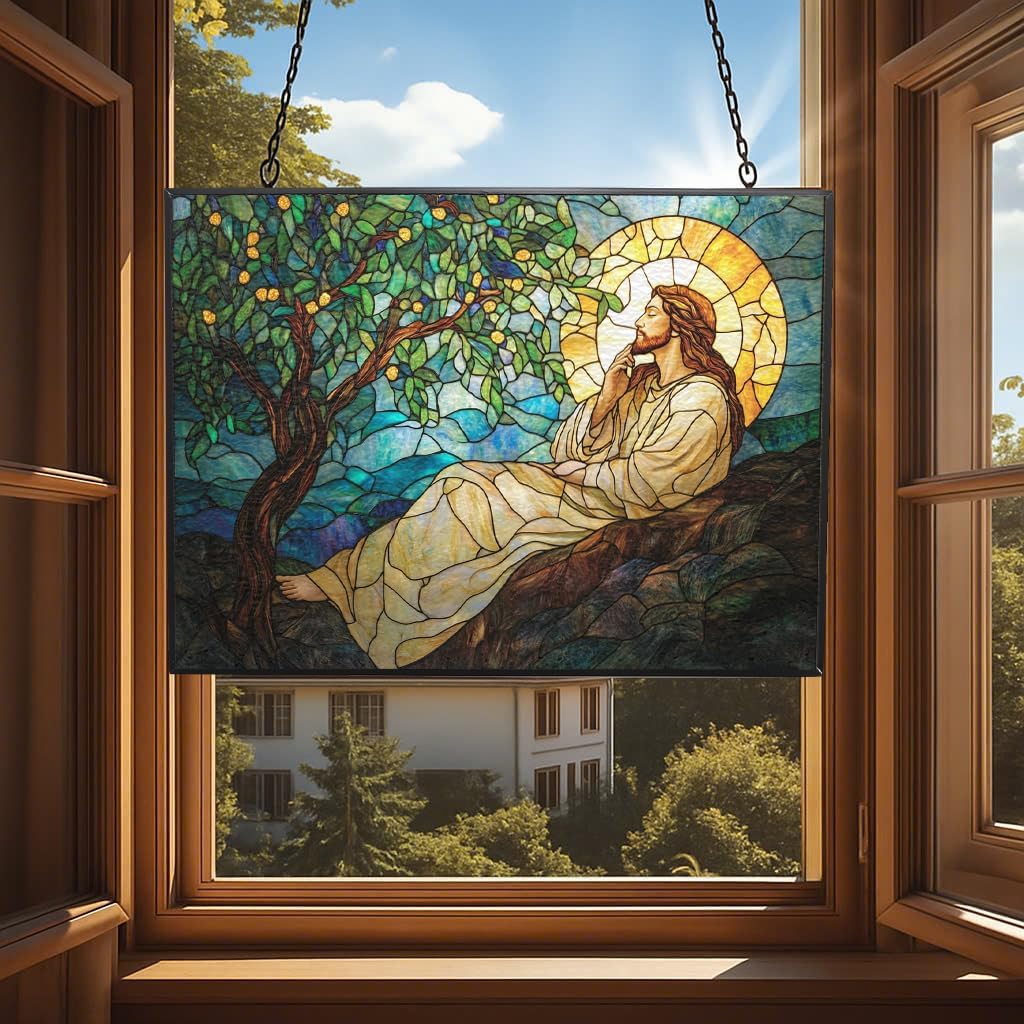 Customized Rectangle Art Nouveau Olive Tree Jesus Prayer Stained Glass Suncatcher Window Hangings