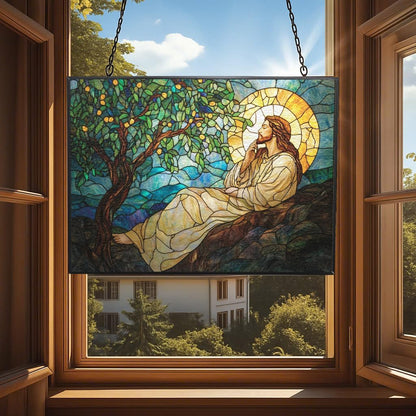 Customized Rectangle Art Nouveau Olive Tree Jesus Prayer Stained Glass Suncatcher Window Hangings
