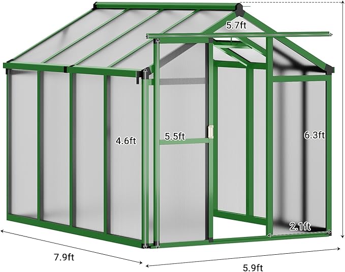 6x8 FT Greenhouse, Easy Assembly Aluminum Polycarbonate Greenhouses for Outdoors with Roof Vent