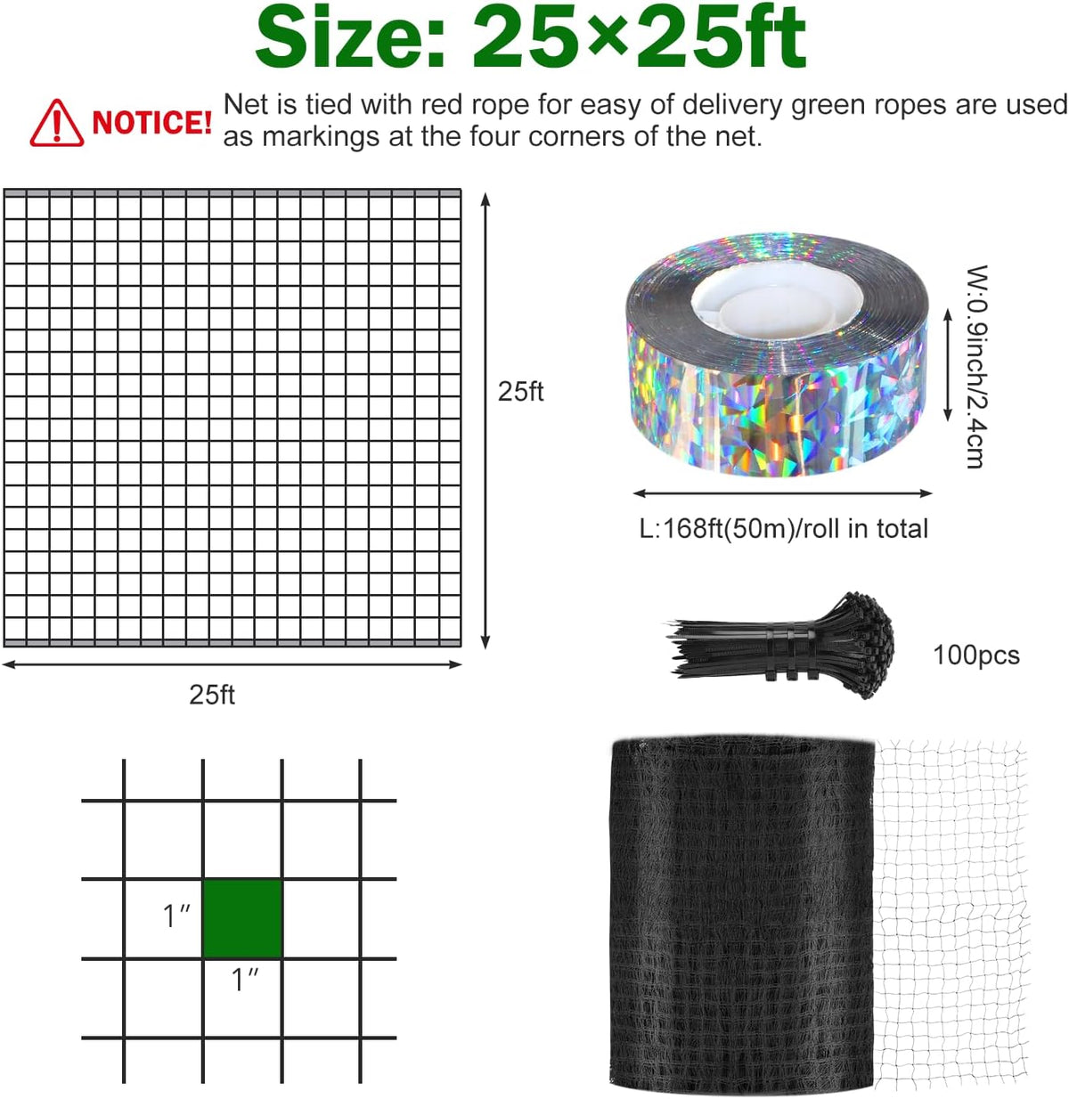 Bird Netting 25x25 Ft, 1 in Mesh Heavy Garden Protection Net, Reusable Deer Net for Protect Fruit