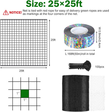 Bird Netting 25x25 Ft, 1 in Mesh Heavy Garden Protection Net, Reusable Deer Net for Protect Fruit
