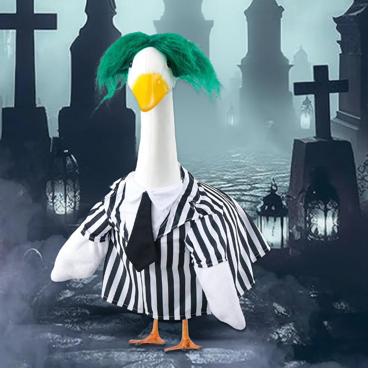 Halloween Porch Goose Outfits Black and White Striped Suit and Wig Movie Clothes for 23 Inch Cement