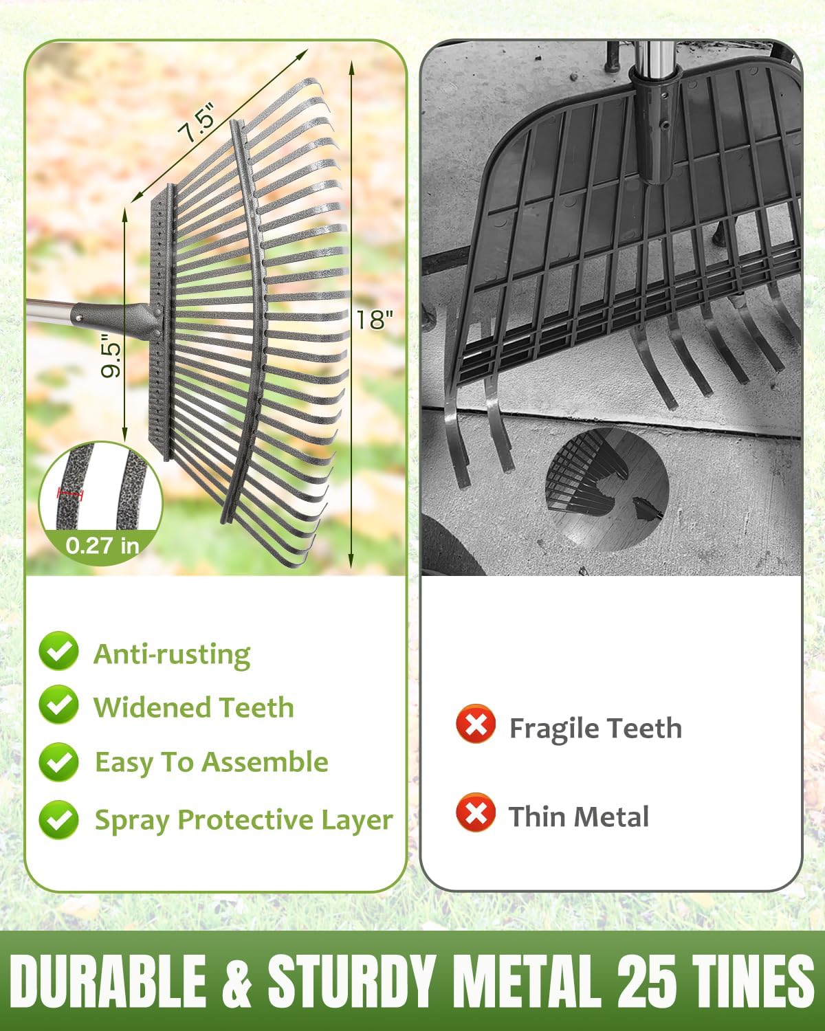 Joyhalo 65 Inch Rake for Leaves with 40 Gallon Dustpan-Typ Leaf Bags, 25 Tines Metal Leaf Rake Set