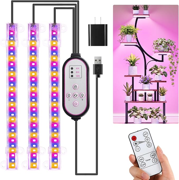 7.8'' 3 Head LED Grow Light Strips, Grow Lamps for Indoor Plants Full Spectrum, Plant Light with