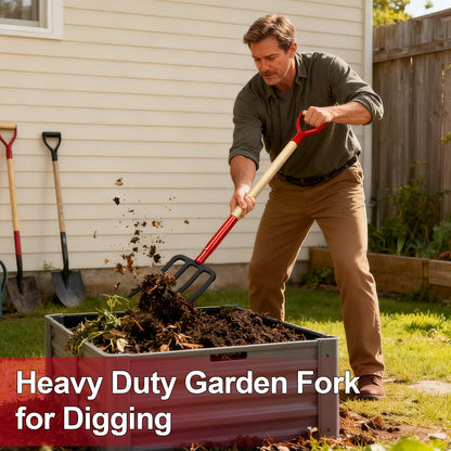 Dikuyeel Heavy Duty Garden Fork for Digging, 4 Tines Pitch Fork for Gardening Compost, Garden Pitch