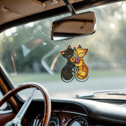 Couple Cats Flower Acrylic Suncatcher Stained Glass Effect Window Car Hanging Christmas Ornament