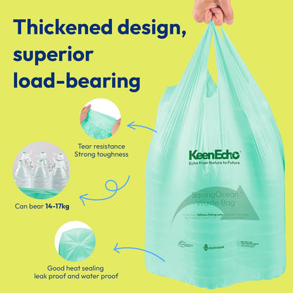 13 Gallon 80 Counts Small Green Trash Bags with Handle, Ocean Fishing Nets Upcycling, Sage & Sea