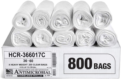 Aluf Plastics High Density Trash Bags, 55 Gallon, 800 Count, 17 Micron (eq), 36" x 60", Clear, for