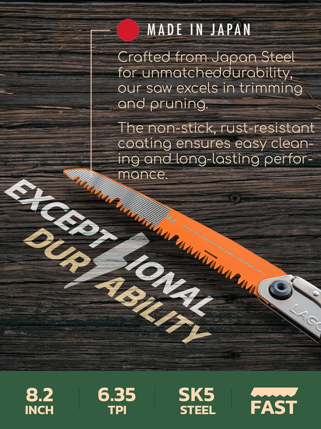 LAGOM Folding Camp Saw for Cutting Branches, 8.2" Straight Blade | SK5 Steel, Ergonomic Handle