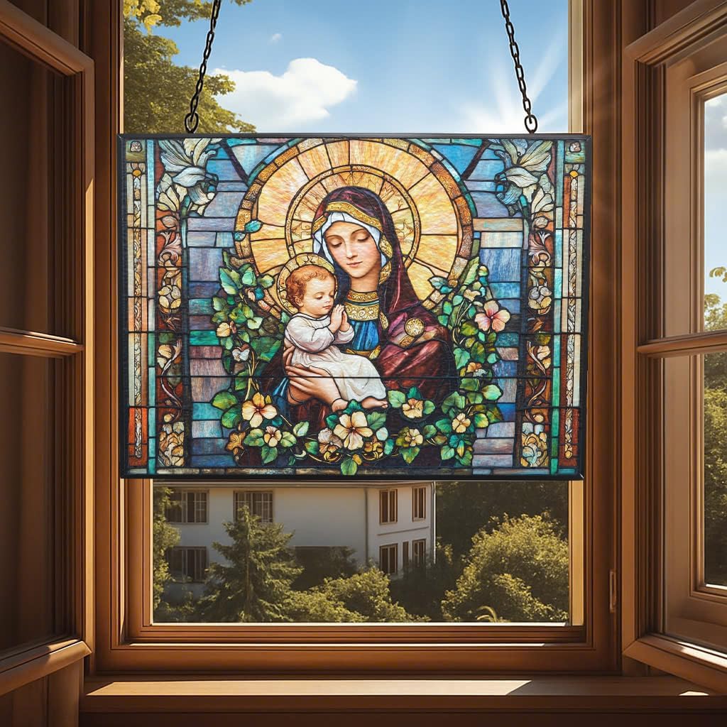 Personalized Rectangle Art Nouveau Madonna and Child Stained Glass Window Hangings Stained Glass