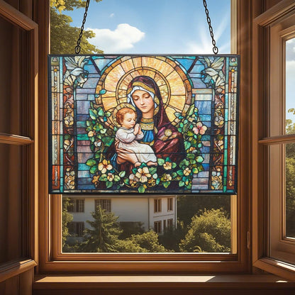 Personalized Rectangle Art Nouveau Madonna and Child Stained Glass Window Hangings Stained Glass