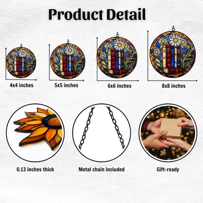 Floral Stack of Bookks Acrylic Suncatcher Stained Glass Effect Window Car Hanging Christmas