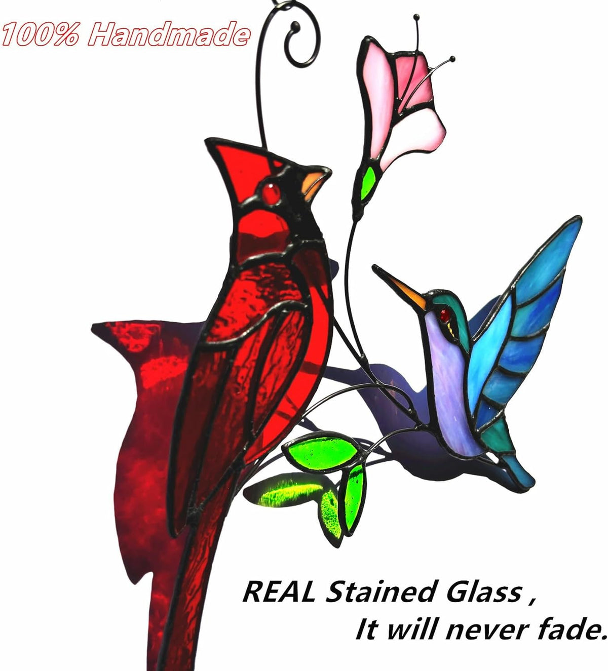 Stained Glass Red Cardinal with Hummingbird Suncatcher Window Hanging Ornament, Stain Glass Birds