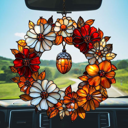 Autumn Floral Wreath Acrylic Suncatcher Stained Glass Effect Window Car Hanging Christmas Ornament