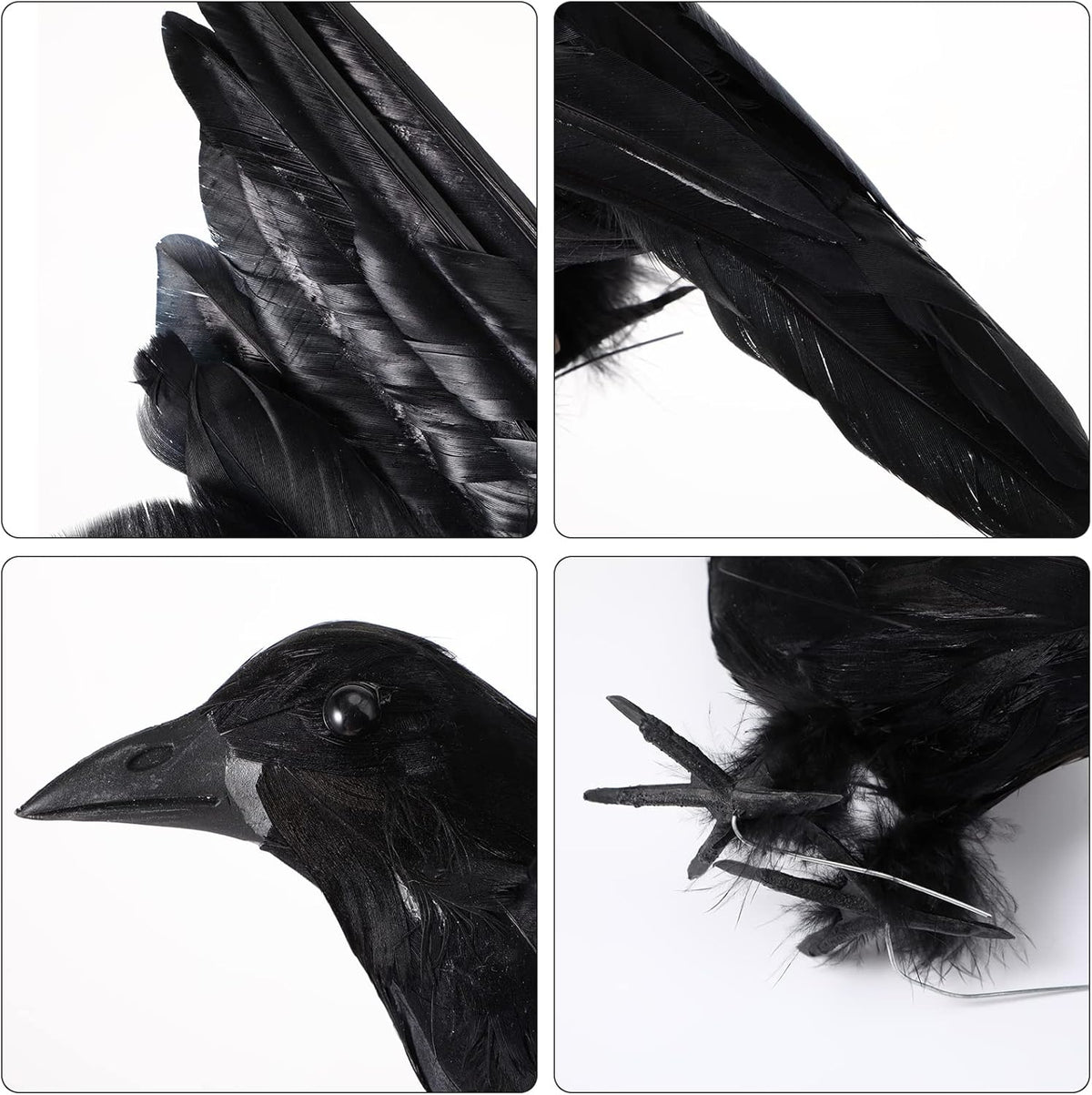Yerliker 5 Pcs Halloween Black Feathered Crow and Skull Statue Set Handmade Realistic Crow Decor