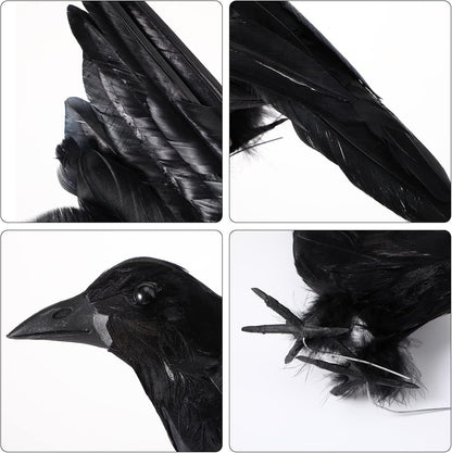 Yerliker 5 Pcs Halloween Black Feathered Crow and Skull Statue Set Handmade Realistic Crow Decor