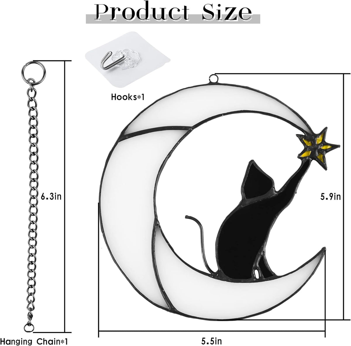 Stained Glass Cat on Moon Pick Star Window Hanging Suncatchers Memorial Gift Decor for Women (Black