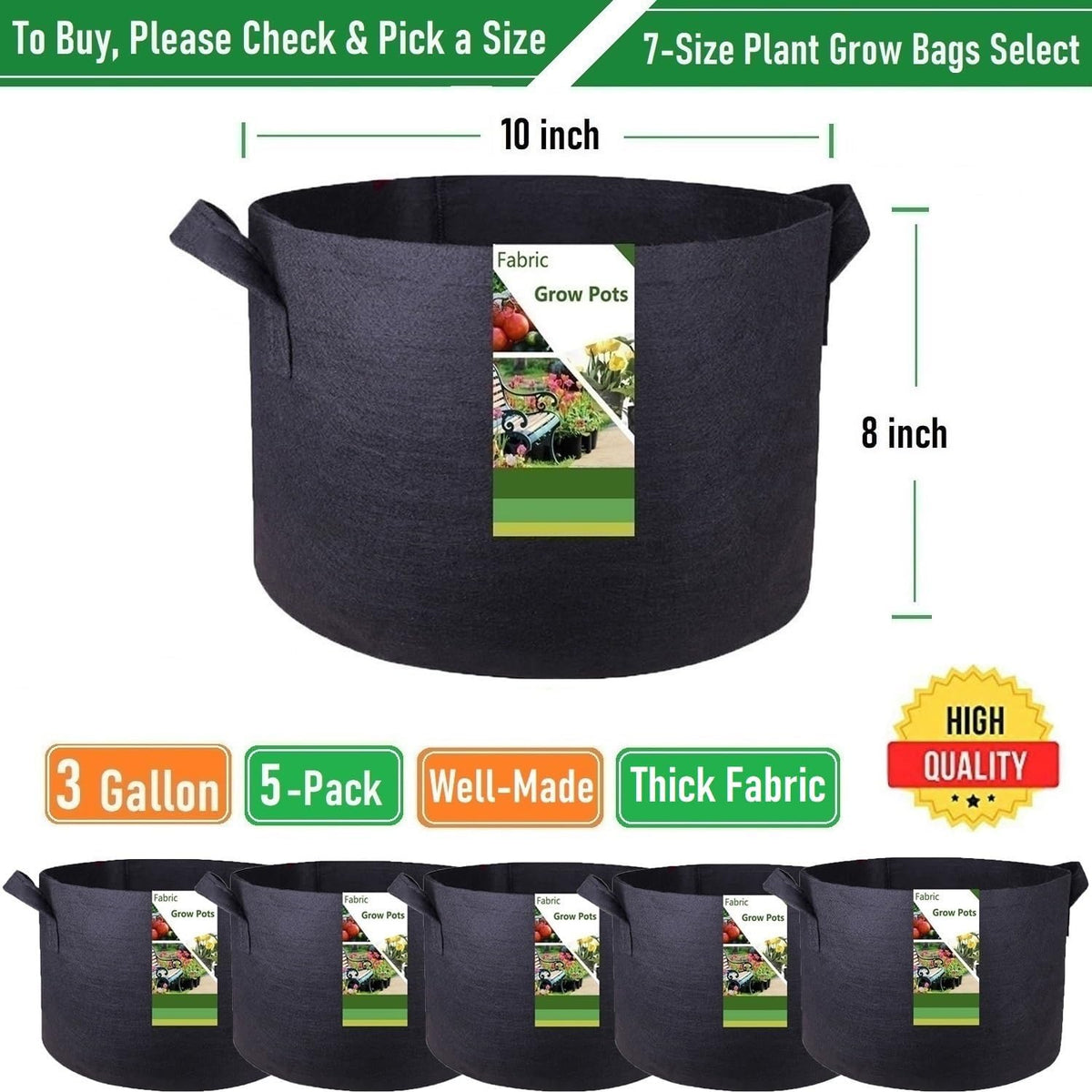 5-Pack 3 Gallon Plant Grow Bags (10x8 inch) Thickened Gardening Bags Fabric Plant Pots for Garden