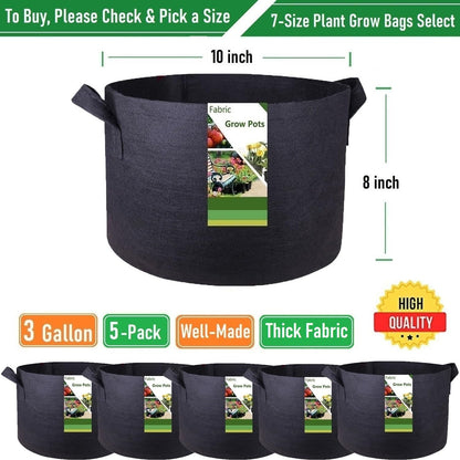 5-Pack 3 Gallon Plant Grow Bags (10x8 inch) Thickened Gardening Bags Fabric Plant Pots for Garden