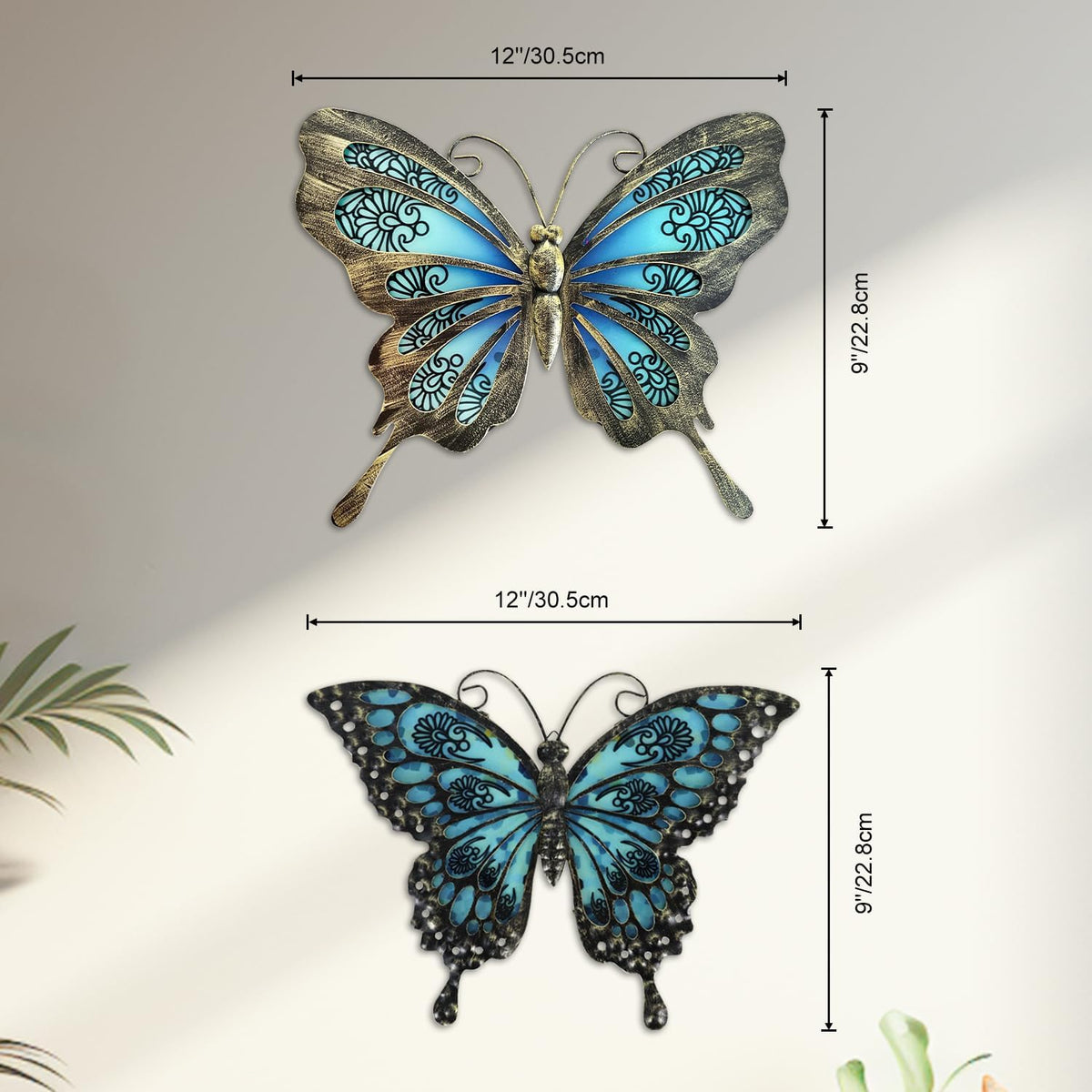 LIFFY Metal Butterfly Wall Decor,2Pack 12" Hanging Glass Butterfly Outdoor Decor,Garden Decorative