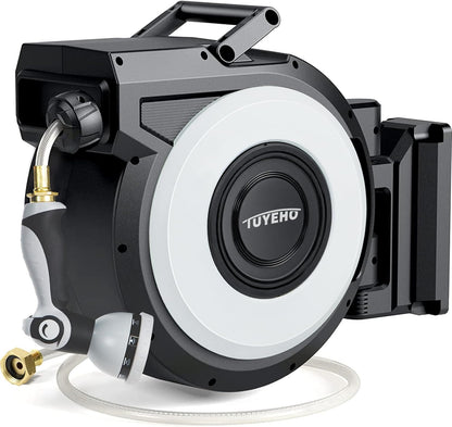 Tuyeho Retractable Garden Hose Reel 90 FT, Wall Mount Heavy Duty Water Hose Reels with Automatic