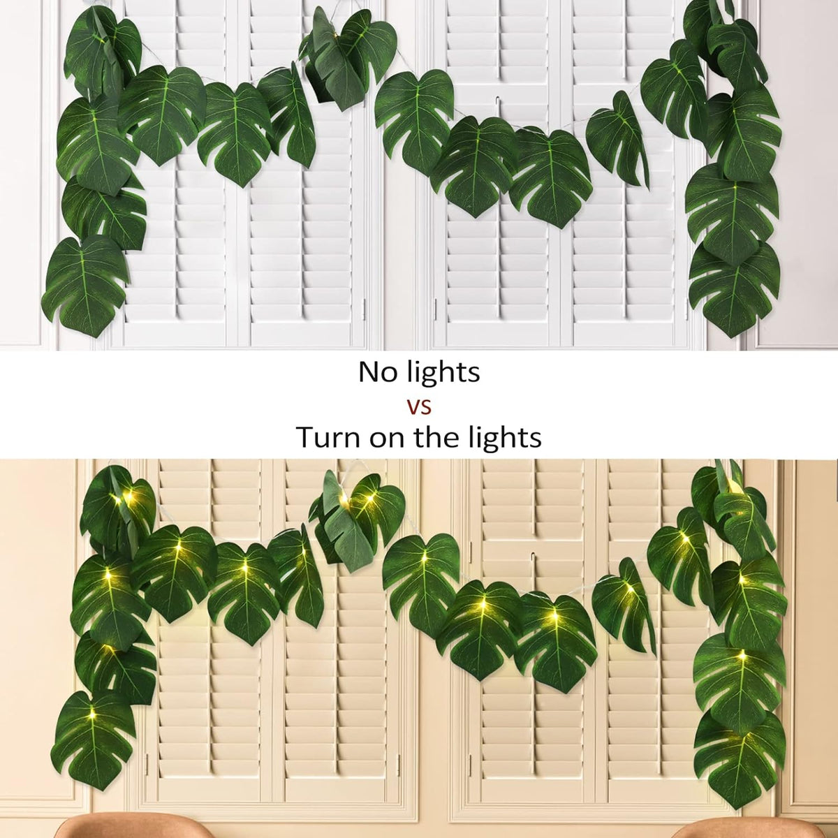 RECUTMS Artificial Tropical Palm Leaves String Lights, Large Size 20 LED Monstera Leaf Wall Hanging