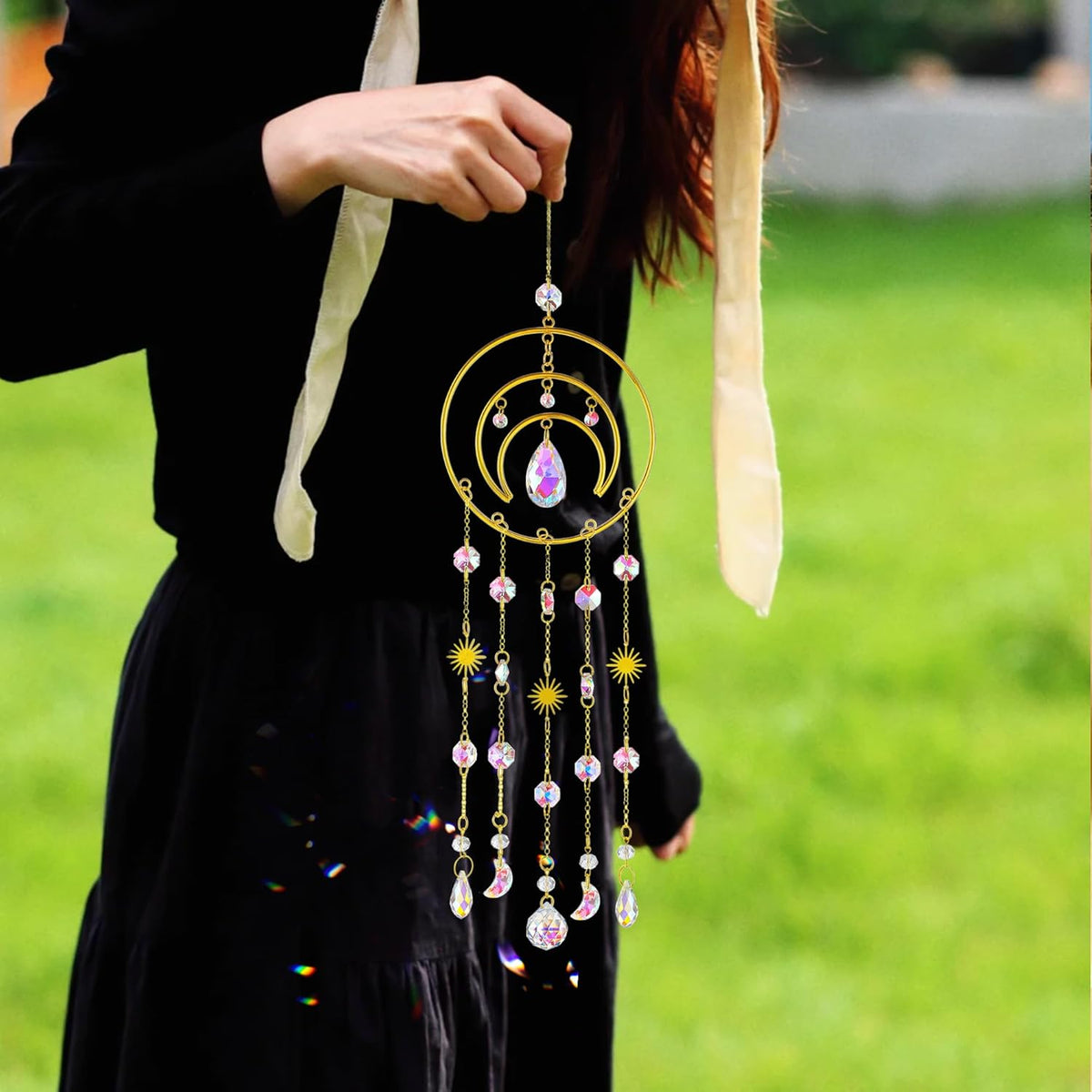 H&D HYALINE & DORA Crystal Suncatcher Moon Sun Catcher Window Suncatchers Crystal Wind Chimes for