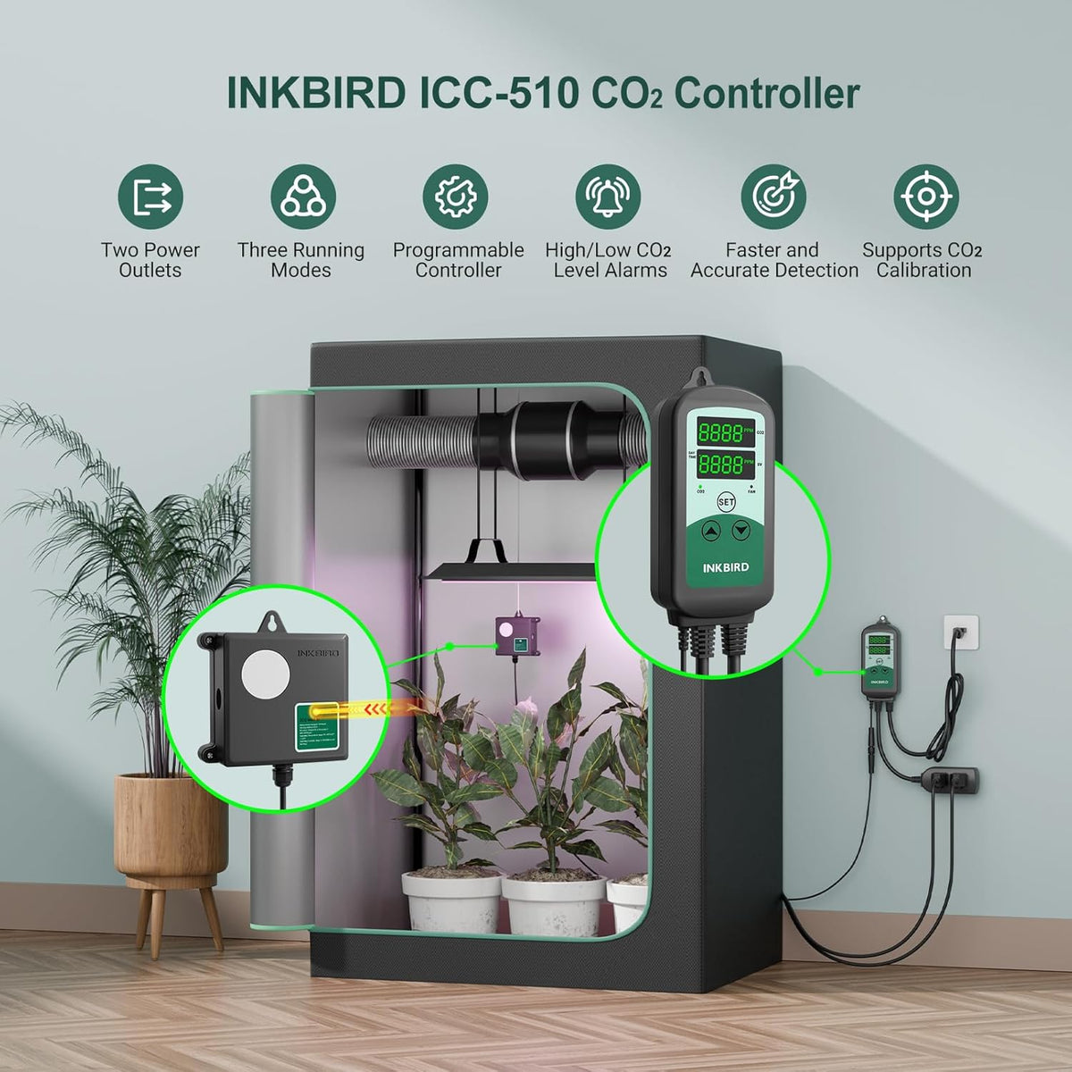 Inkbird ICC-510 CO2 Controller CO2 Meter Dual Plug Carbon Dioxide Controller Fit with CO2 Regulator