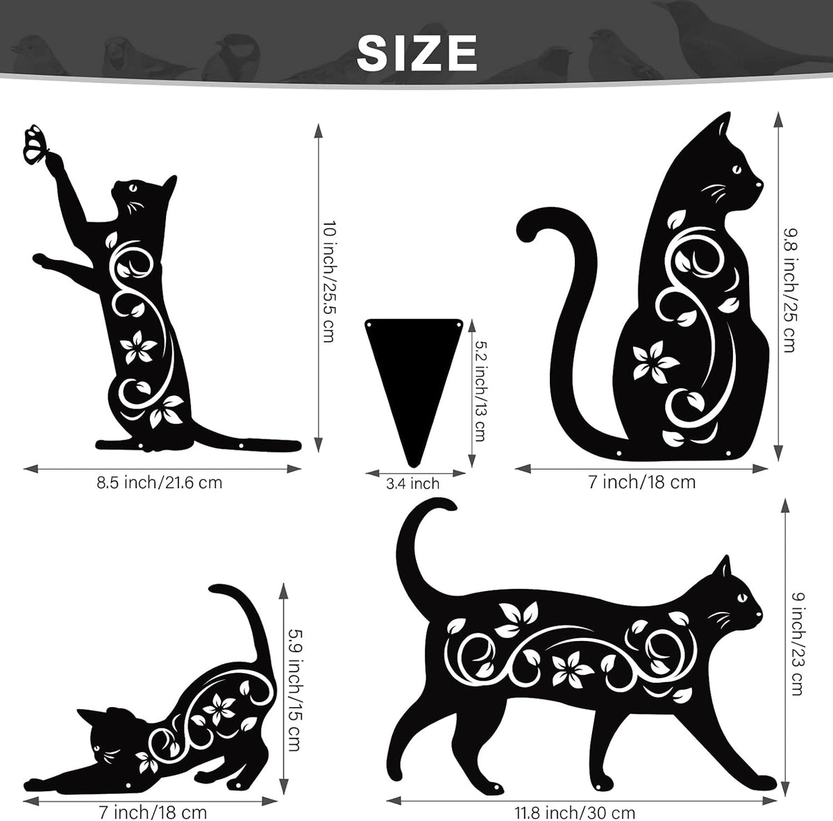 Elcoho 4 Pack Black Cat Silhouette Cute Metal Cat Garden Statues Bird Repellent Decorative Garden
