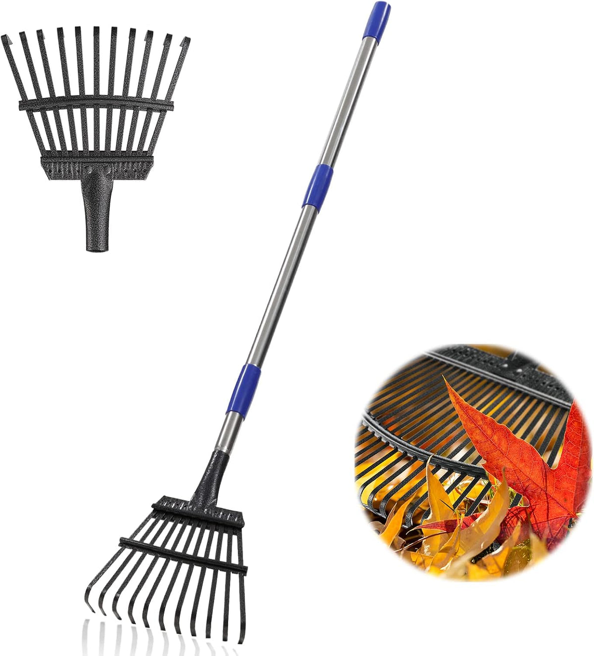 Garden Rake -Small Leaves Rakes for Gardening - 11 Metal Tines 8.5" Wide - 78" Long Handle Leaf
