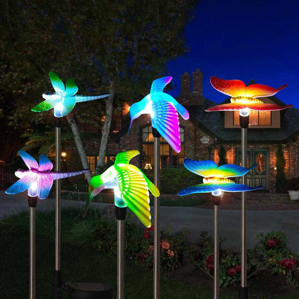 EiGreen 6 Pack Solar Garden Stake Lights Outdoor, Yard Figurine Stake Light, Flower Hummingbird