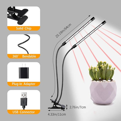 LED Clip-On Plant Growth Light - Auto On/Off Timer 4/8/12h - Dual Heads with Flexible Swan Necks