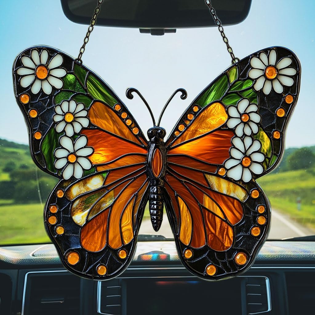 Floral Monarch Acrylic Suncatcher Stained Glass Effect Window Car Hanging Christmas Ornament Indoor