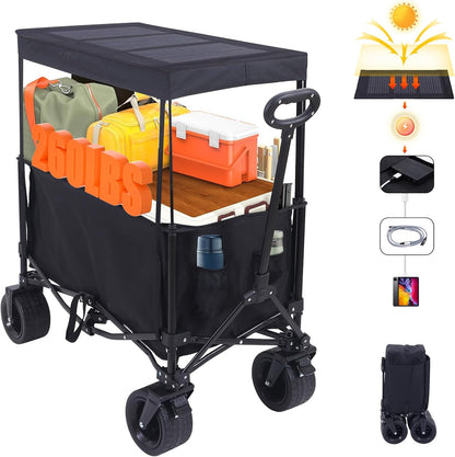 Nice C Wagon with Canopy, Collapsible Wagon, Foldable Wagons, 30W Portable Solar Panel w/USB